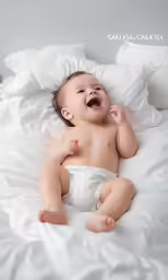 an infant is sitting on a white bed with white sheets