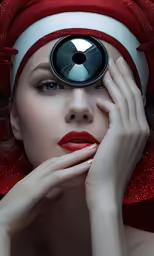 a woman is wearing a red towel and wearing a hat