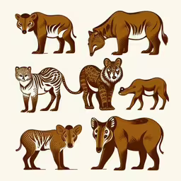wild animals set in vintage style with a white background,an image of different animals set together,a set of wild animals is depicted with their stripes on the backs,different types of animals from the forest in a line,an assortment of wild animals standing and sitting