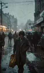 a man is carrying an umbrella as he walks down the street