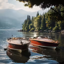 two small boats are tied to the dock on a lake
