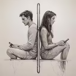 a couple sits on the ground using cellphones