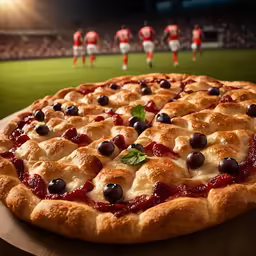 a pizza topped with cheese and cherries on a tray