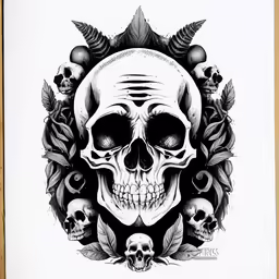 a skull surrounded by skulls on a white paper