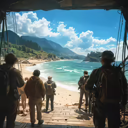 a group of soldiers standing on a beach