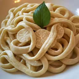 a pile of pasta with a leaf and a few slices on top