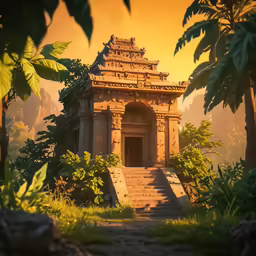 a stone structure surrounded by trees on either side