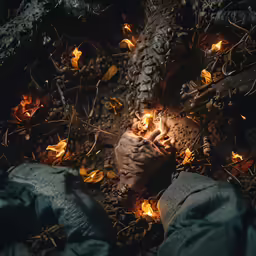 a man in blue pants standing near a fire pit