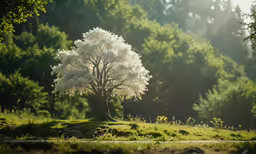 white tree in grassy area with trees and ground behind it