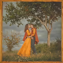 couple posing for a picture by tree in grassy area