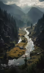 the river is running through a field with tall trees