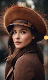 a woman wearing a hat and looking straight ahead