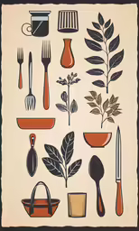 an illustration of various household utensils in a pot, mug, spoons and leaves