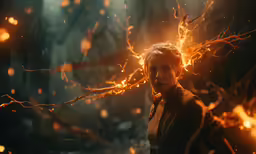a person with long hair standing in a forest with branches and fire coming out of it