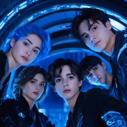 a couple of people that are together in front of a blue light