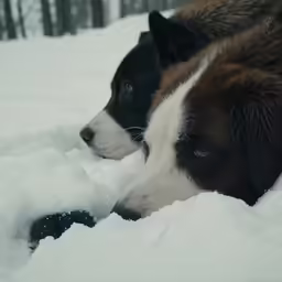 two dogs with their heads buried in snow