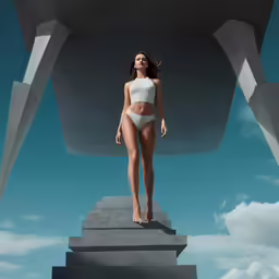 a woman in a white swimsuit is on top of a large piece of concrete