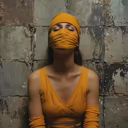 the young woman is wearing a yellow shirt and yellow gloves