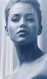 a beautiful woman has rain falling all over her face