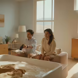 a man and woman sitting on top of a bed
