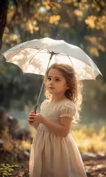 little girl dressed in white with umbrella in a forest