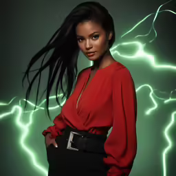 a beautiful woman standing in front of neon green lights