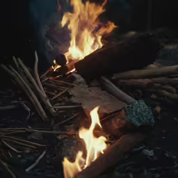 a fire in a stove with many logs next to it
