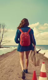 a woman walks down the road wearing a red backpack