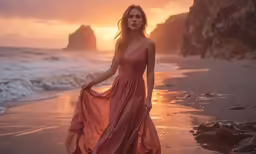 a beautiful blonde woman wearing a pink dress