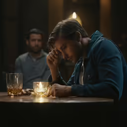 two people are sitting at a table with some glassware