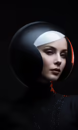 a woman with big round mirrors on her head