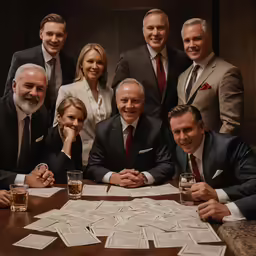 a group of people posing for a photo in suits