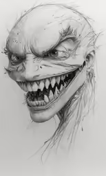 the drawing depicts an evil looking mask with sharp teeth and an open mouth