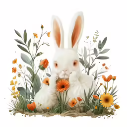 an bunny with its face to the camera while holding a flower