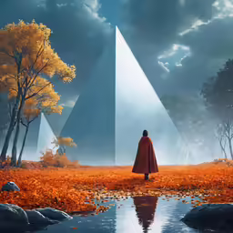 a person in a cloak in front of a tall, slender pyramid