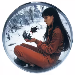 a woman is holding a small metal object with a black bat