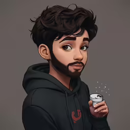 a person with black hair and beards holding a mug