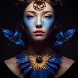a woman with makeup and jewelry is wearing blue feathers