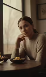 a woman is sitting at the table eating chips