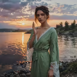 woman in green dress standing at waters edge by water