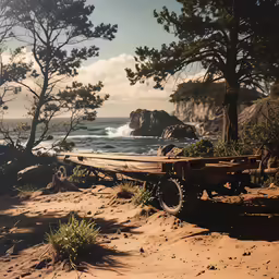 a large wooden wheel barrow on the side of a beach
