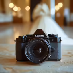a camera sitting on the floor next to a bed