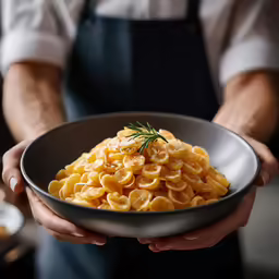 a man holding a plate with pasta and a small bunch of seaweed on it