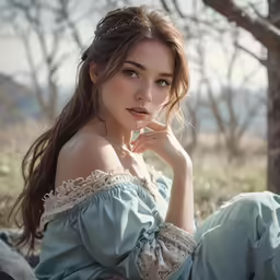 a young woman is sitting in the grass and looking at the camera