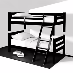the black bunk bed is next to a book shelf