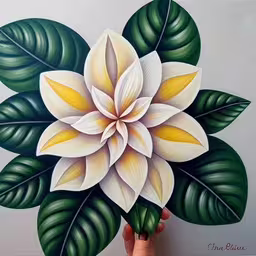 an image of hand holding green leaves with large white flower painted on the wall,a painting with two green and white leaves on it