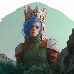 a girl in a green jacket with blue hair wearing a metal crown