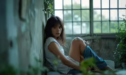 a girl sitting in a corner, with her legs crossed and hands clasped