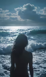 a young woman walking on top of the ocean