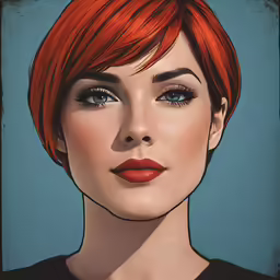 a painting of a woman with bright red hair
